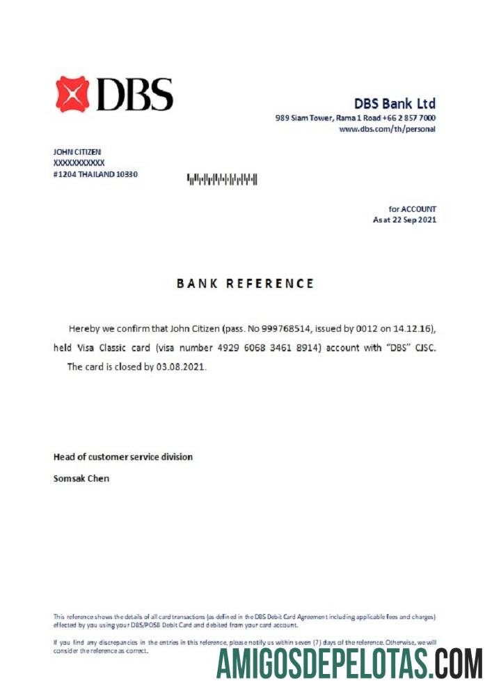 Referência de fechamento do banco DBS da Tailândia exemplo